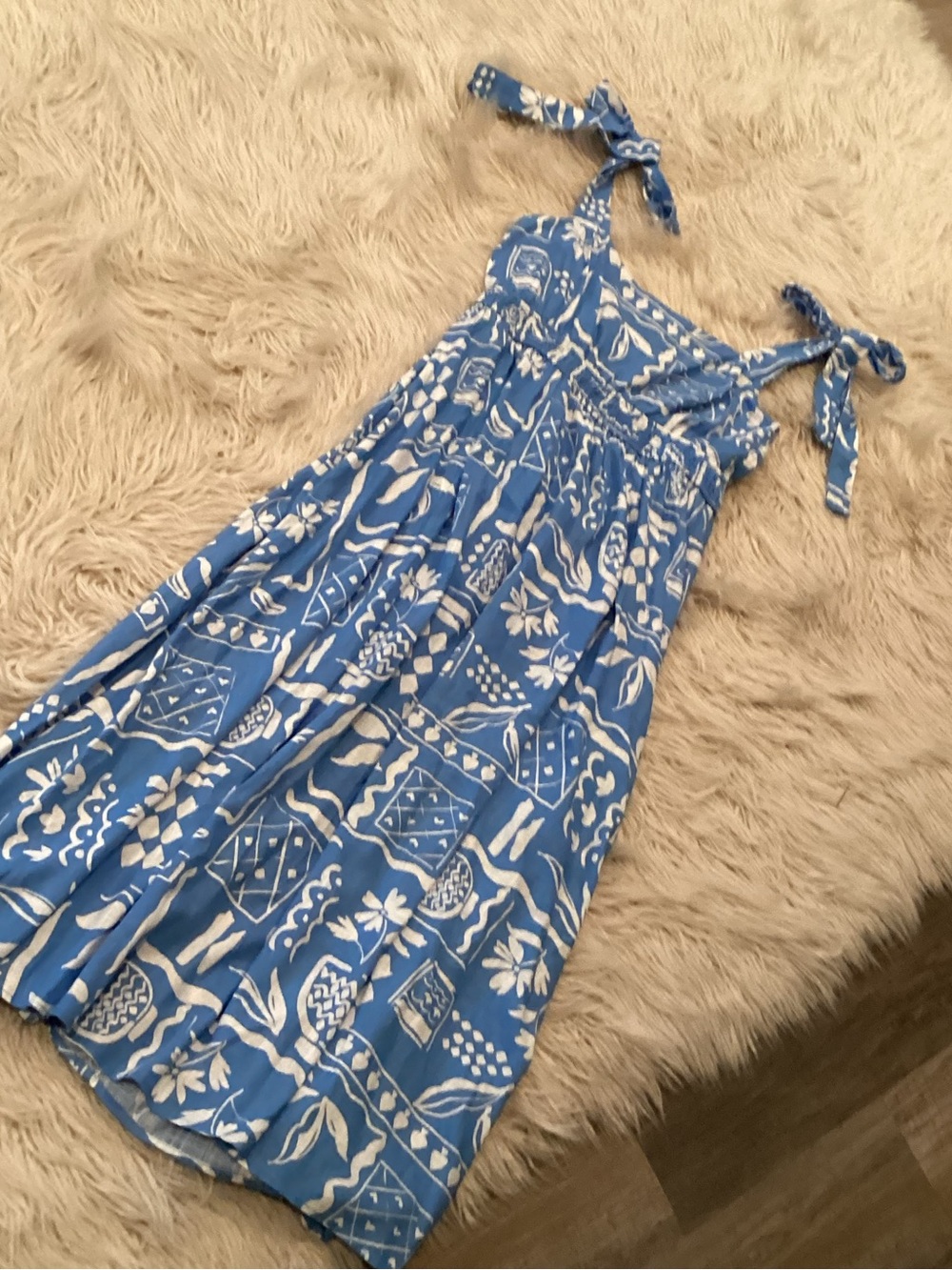 Blue and White Tropical Print Tie-Strap Sundress,By the River.